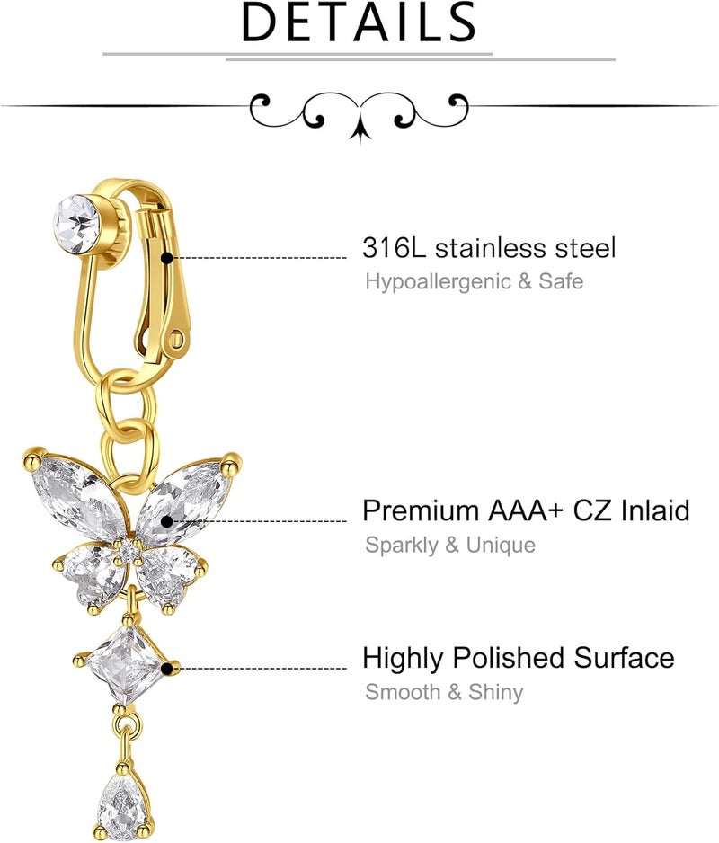 D.Bella Fake Belly Ring Fake Belly Piercing Clip on Belly Button Rings Surgical Steel Fake Belly Button Ring Fake Earrings Diamond Snake Dangle Non Piercing Fake Belly Piercing Jewelry - Image 3